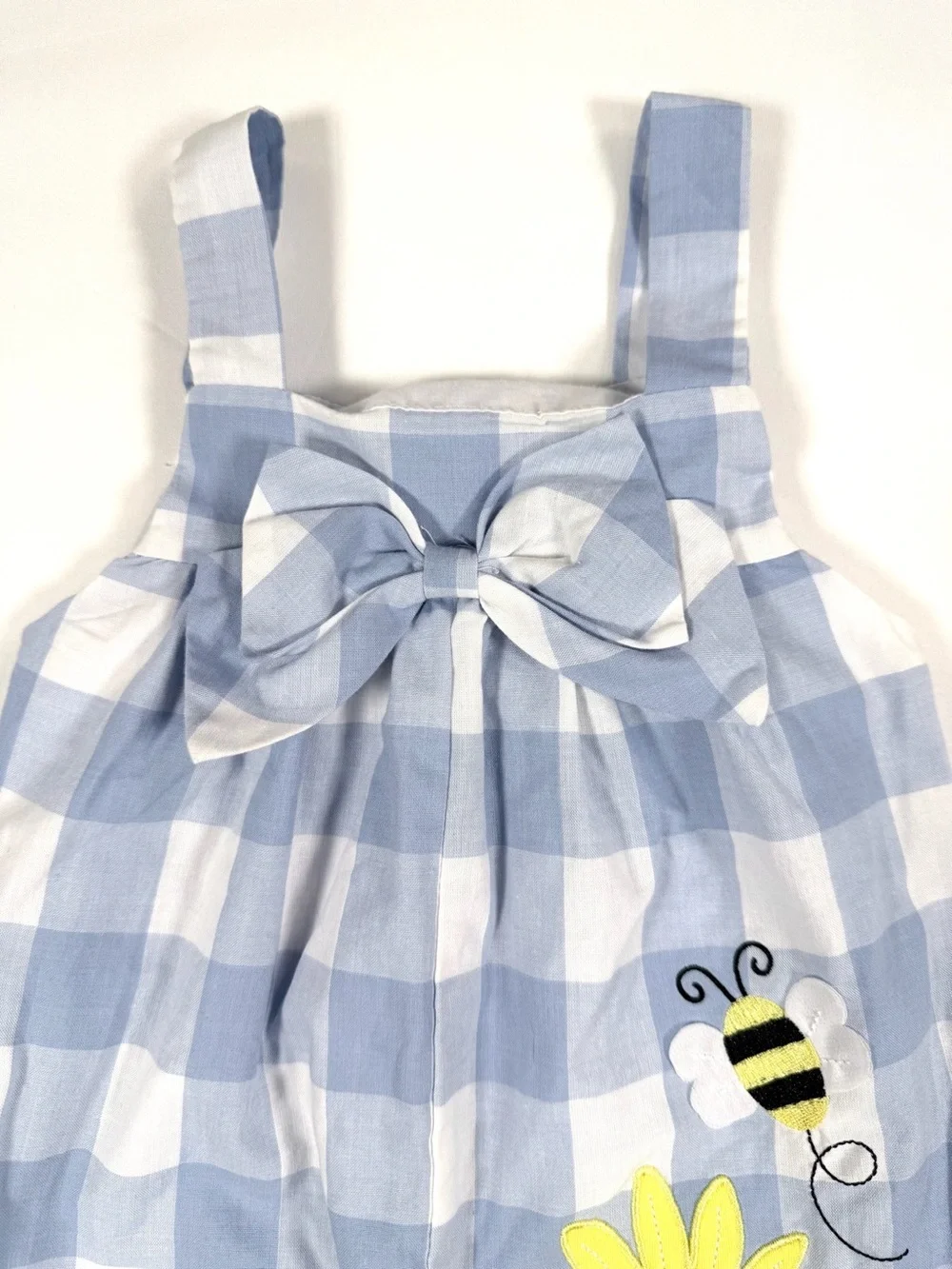 BOUTIQUE Blue Gingham Bee Floral Romper Toddler Girls Size 12M Garden Outfit